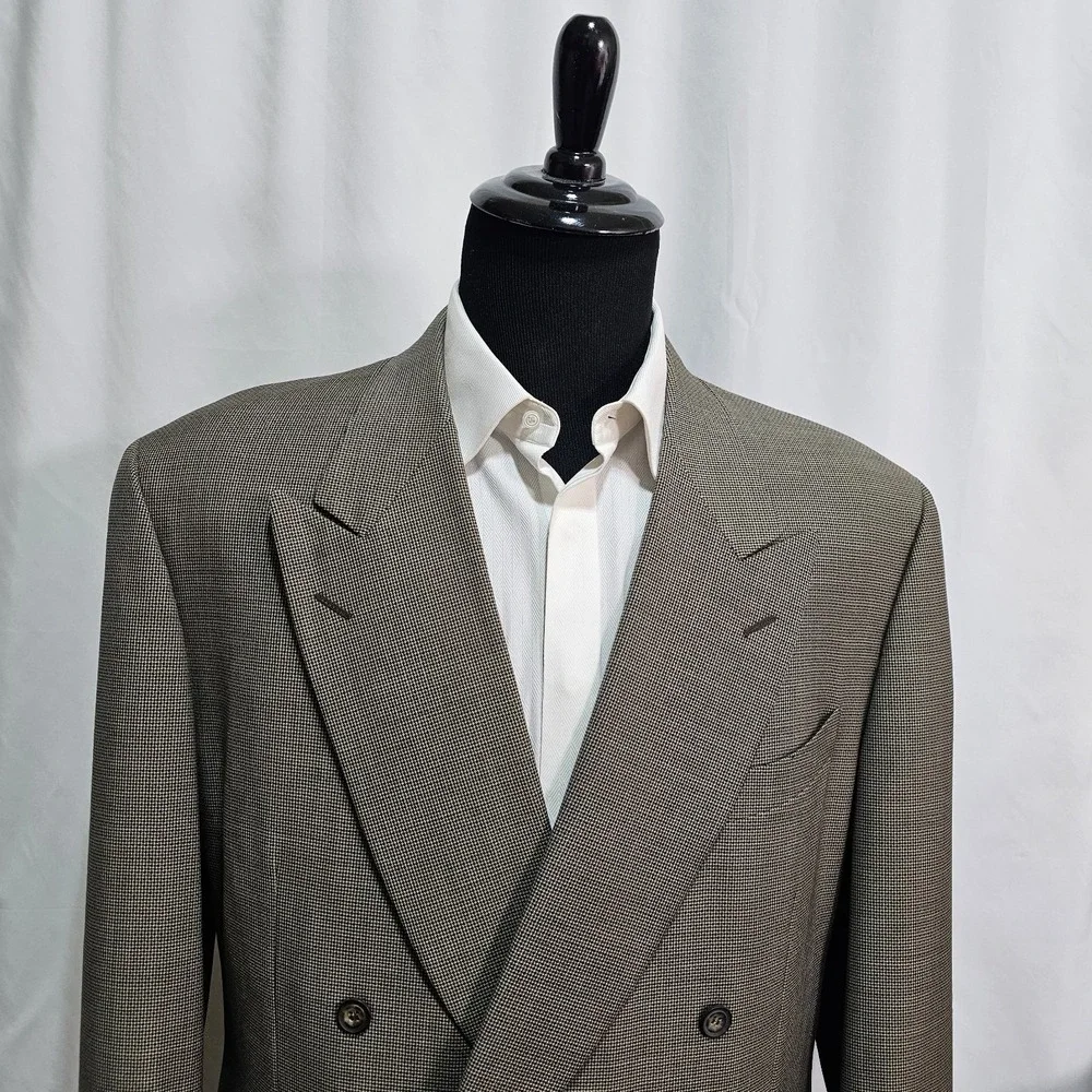 Canali Proposta Double Breasted Coat Mens 46L Jacket Houndstooth Navy Blue Brown